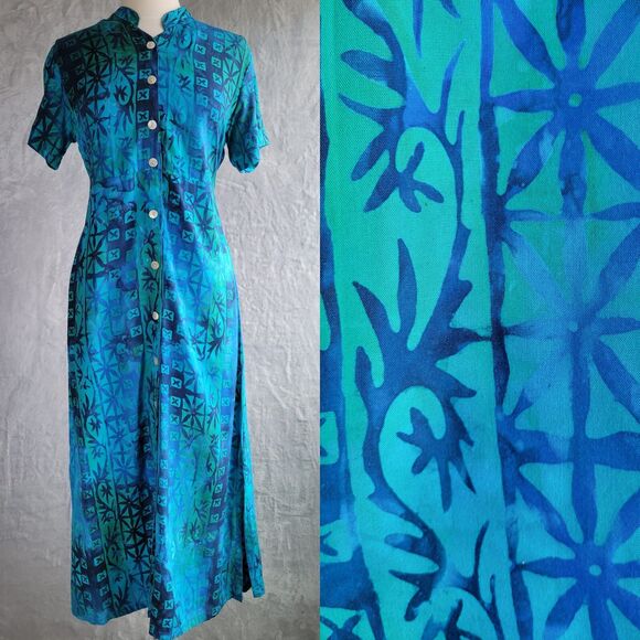 ORVIS Blue Tropical Batik Print Maxi Dress Size S Button Down Resort Tie Dye